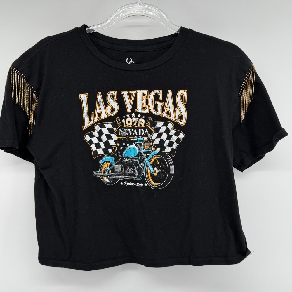 Organic Generation Black Las‎ Vegas Motorcycle Crop Top M Rhinestone Fringe